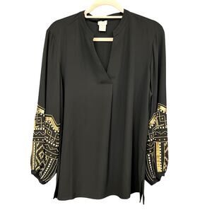 Chico's Black V-Neck Gold Embellished Balloon Sleeve Blouse Size 12/14
